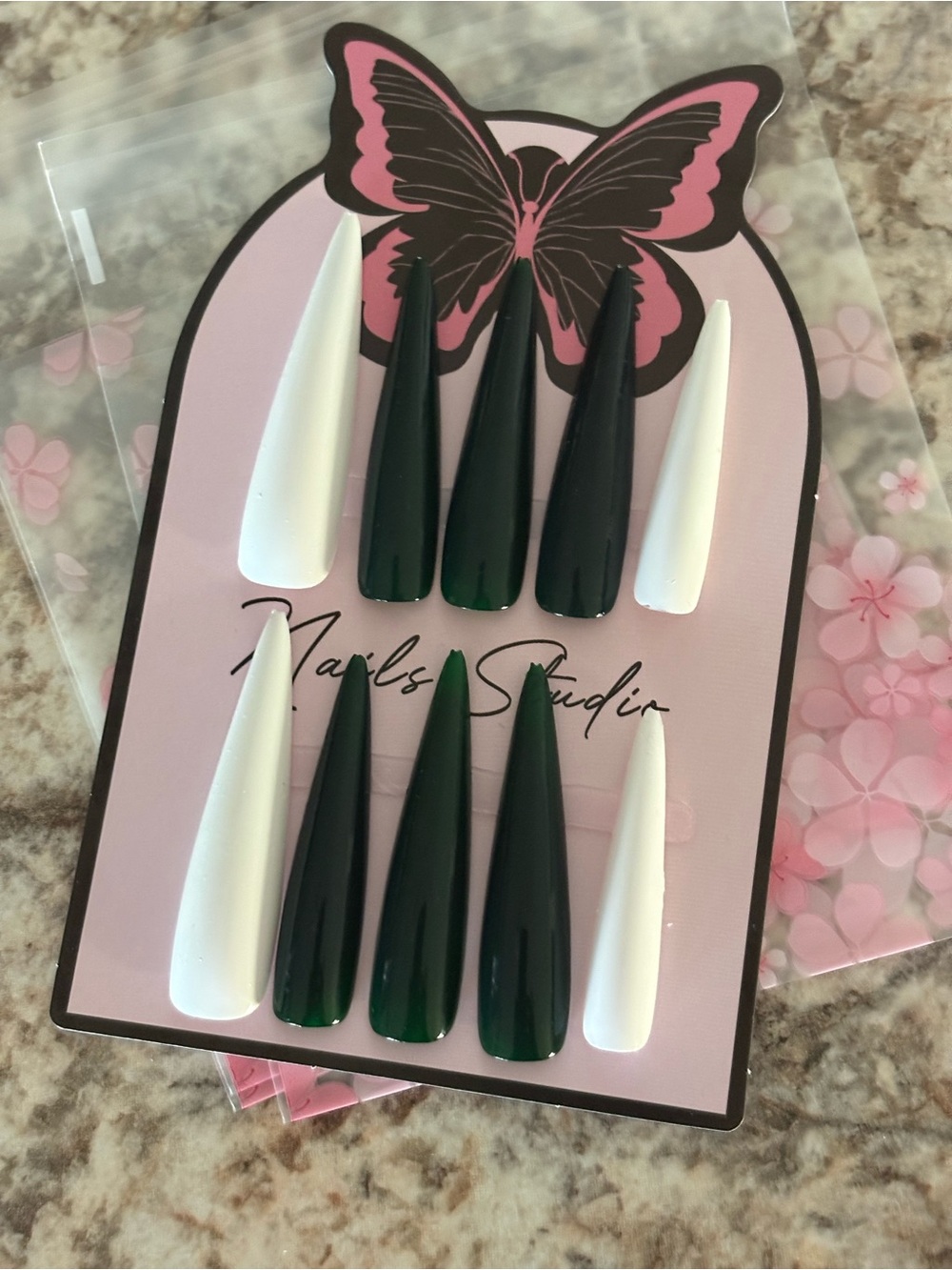 Emerald Green & White Stiletto Press-On Nails